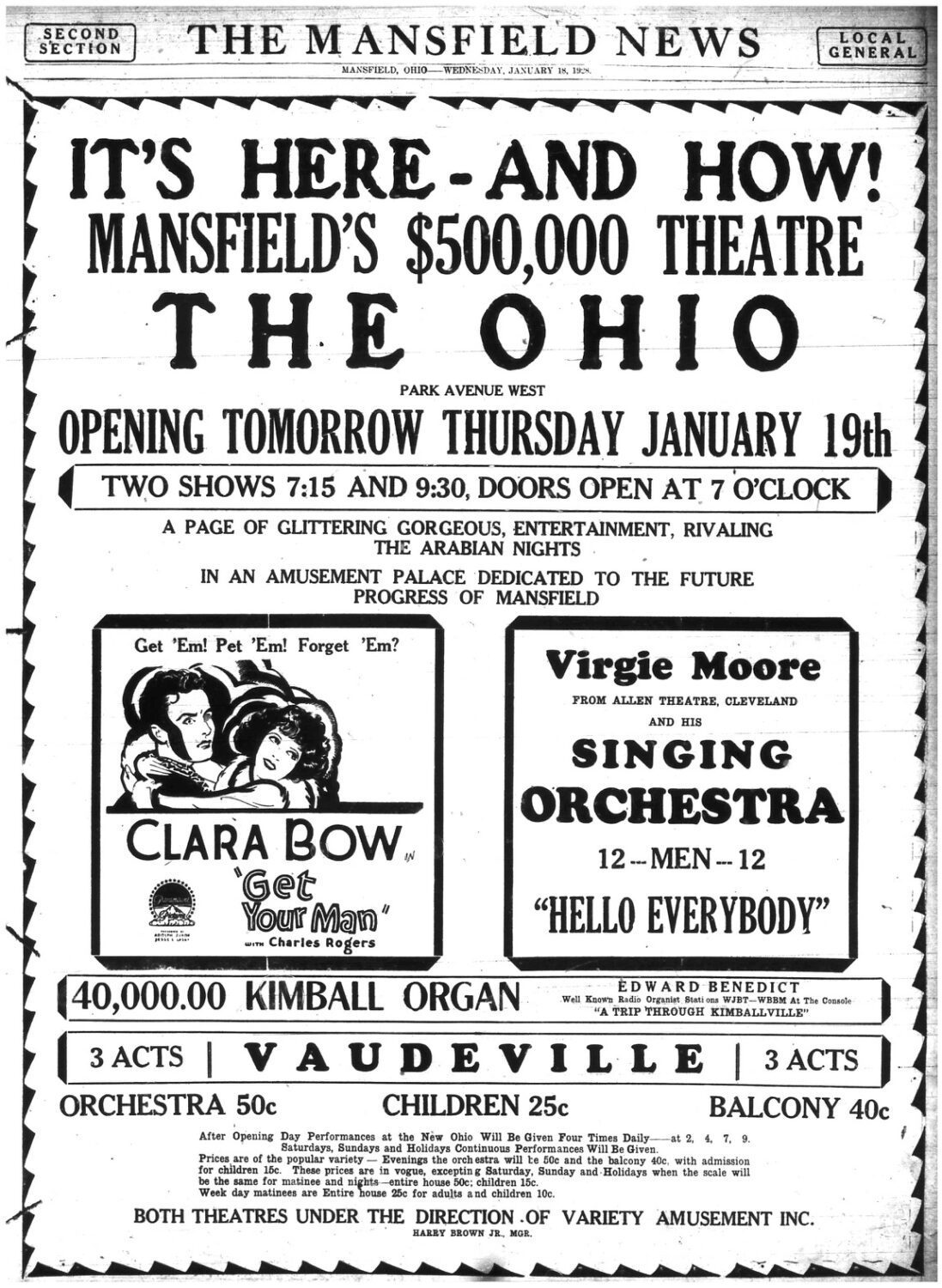 January 18, 1928 Mansfield News Promo
