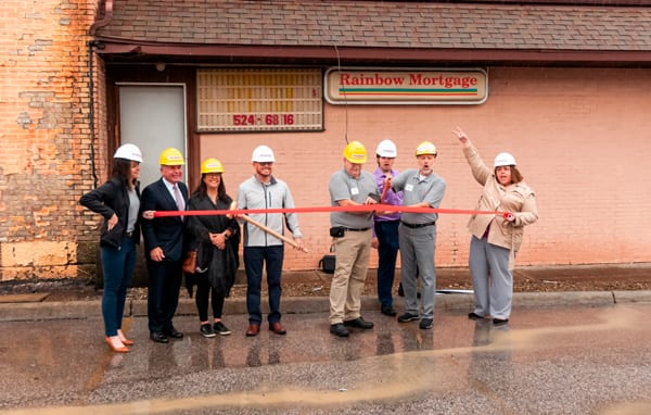 No demolition is complete without an official ribbon cutting ceremony, Participants from left to right: Chelsie Taylor-Thompson, Renaissance President, Rand Smith, Annamarie Fernyak, Jason Guilliams, Little Buckeye Board Chair, Fred Boll, Kyle Miller, Mike Miller, Jodie Perry.
