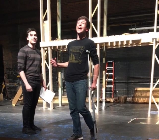 Ryan Shreve (Jack Kelly) and Jaren Baer (Crutchie) in an early blocking rehearsal.